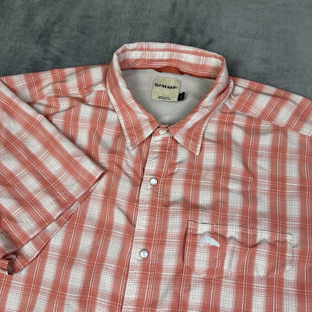 Simms Big Sky Western Shirt Men's XL Orange Plaid Pearl Snap Short Sleeve